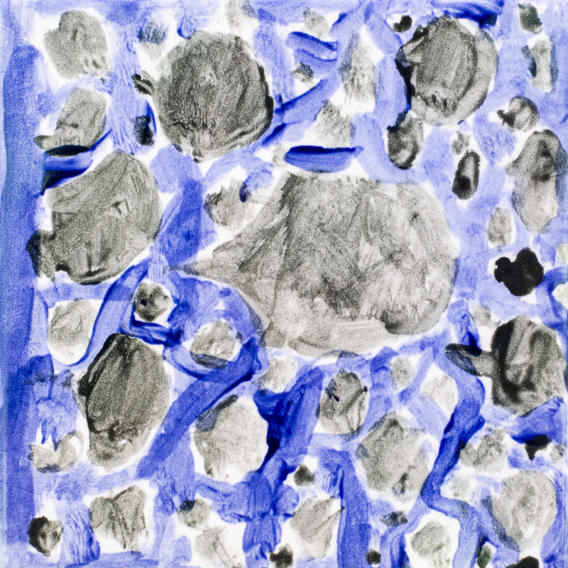 Painting of gray stones and small rocks scattered across a white surface with swirling blue water around them.