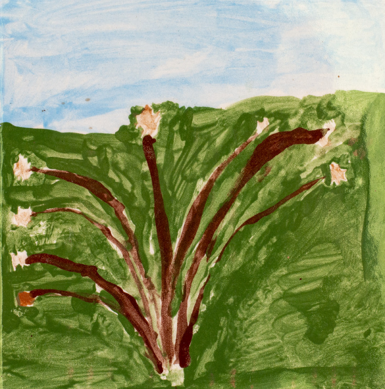 Painting of branches with pink buds growing in the grass.