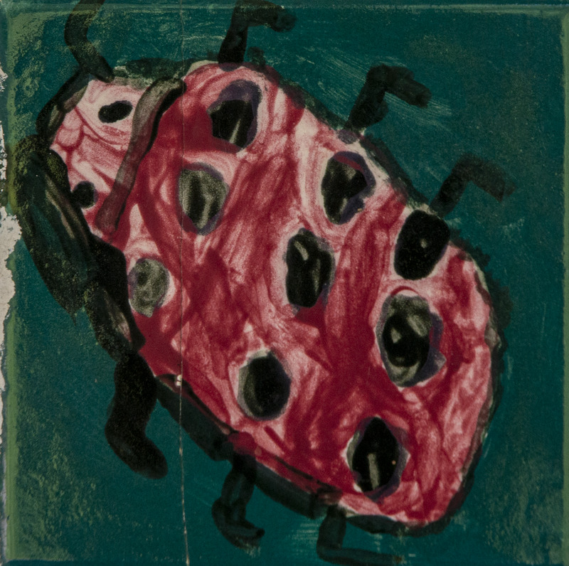 Painting of a red ladybug with black spots and legs on a blue-green background.