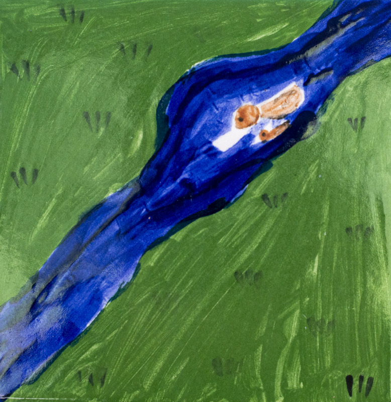 Painting of two brown ducks in river.