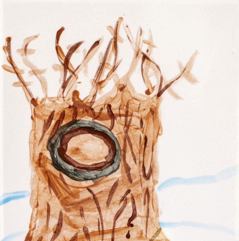 Painting of a short brown tree with small branches and a hole in the middle over a white background with blue lines.
