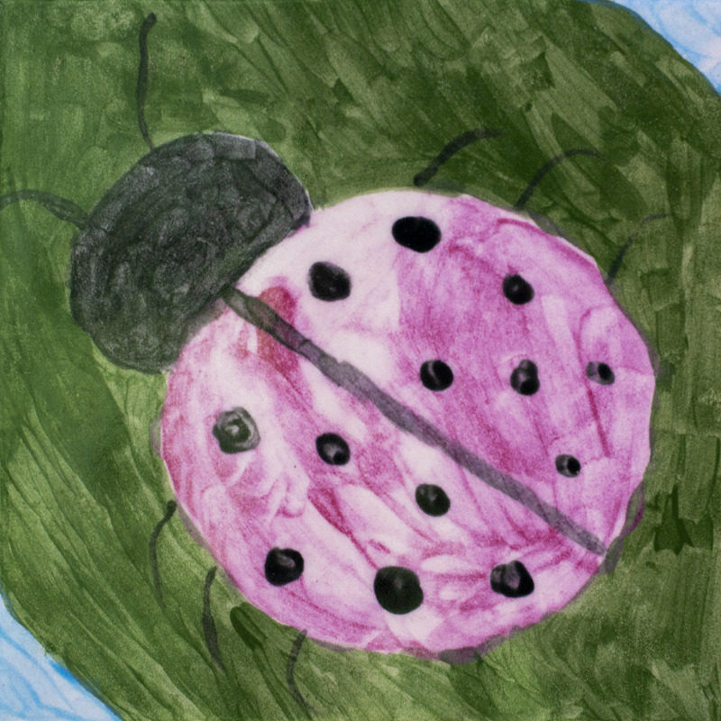 Painting of a pink and black beetle resting on a large green leaf.