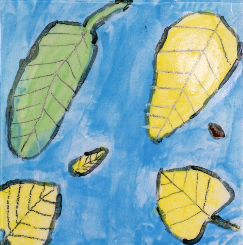 Painting of six leaves that are green, brown and yellow. They are in front of a blue background.