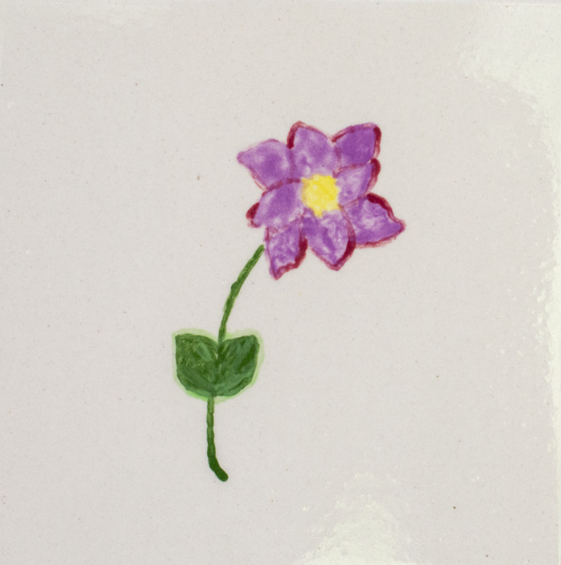 Painting of a pink flower with a green stem and leaves in front of a white background.