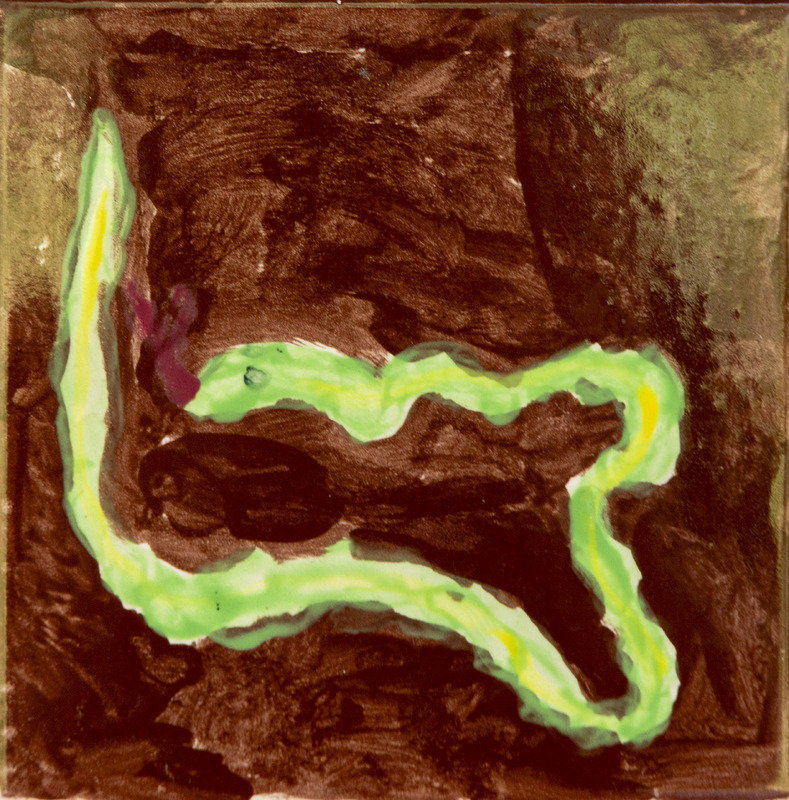 Painting of a long, winding green snake, set against a dark brown background.