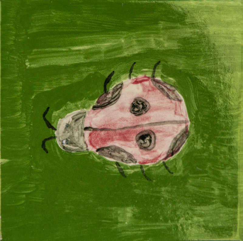 Painting of a red ladybug with black spots and thin black legs, shown from above against a green background.