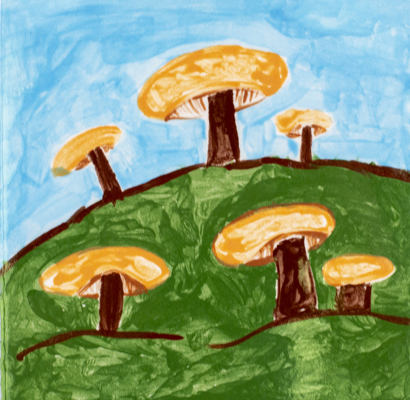 Painting of yellow capped mushrooms with brown stems in grass and in front of a blue sky.