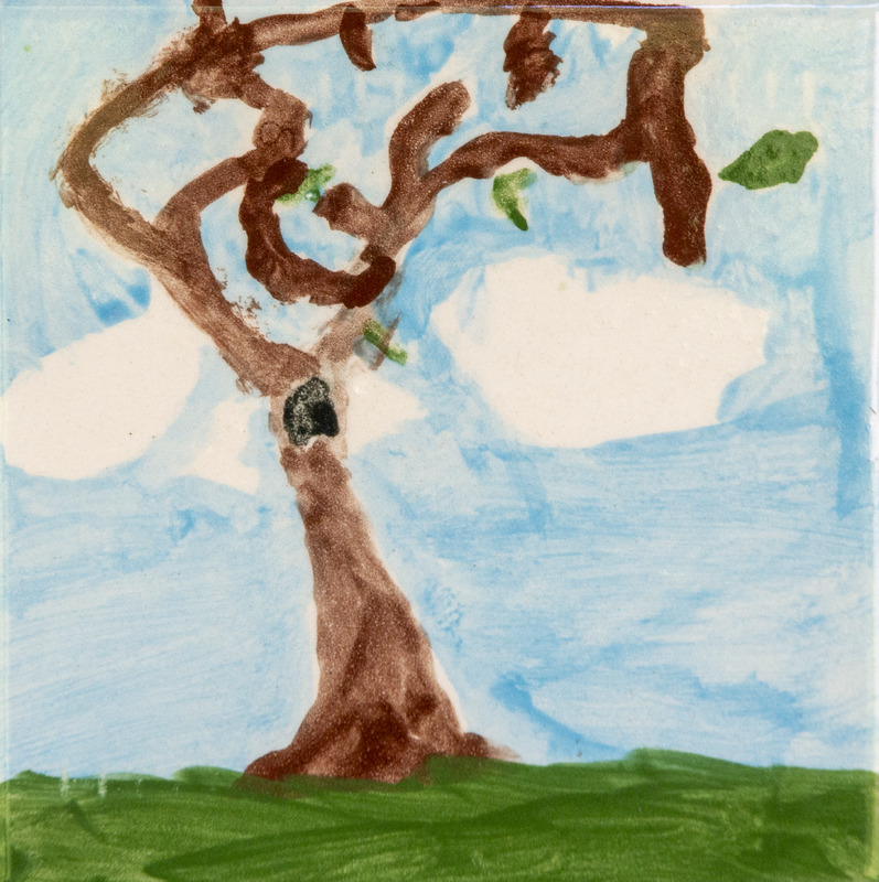 Painting of a tall brown tree with twisting branches, green leaves, and white clouds in a bright blue sky over green grass.