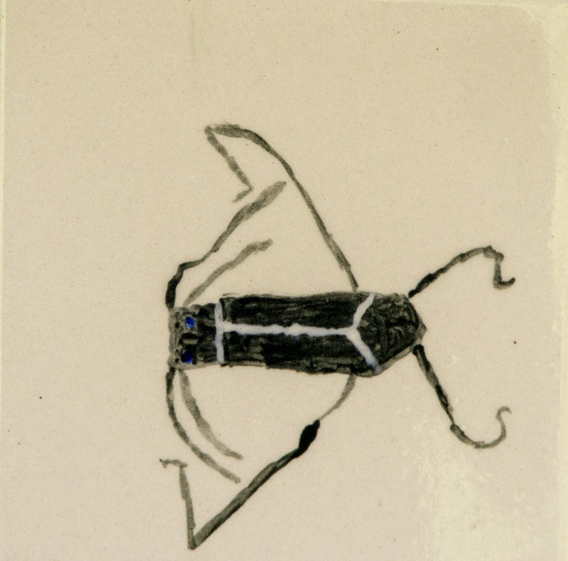 Painting of a backswimmer insect with a long dark body, thin legs extended outward, and small blue eyes.