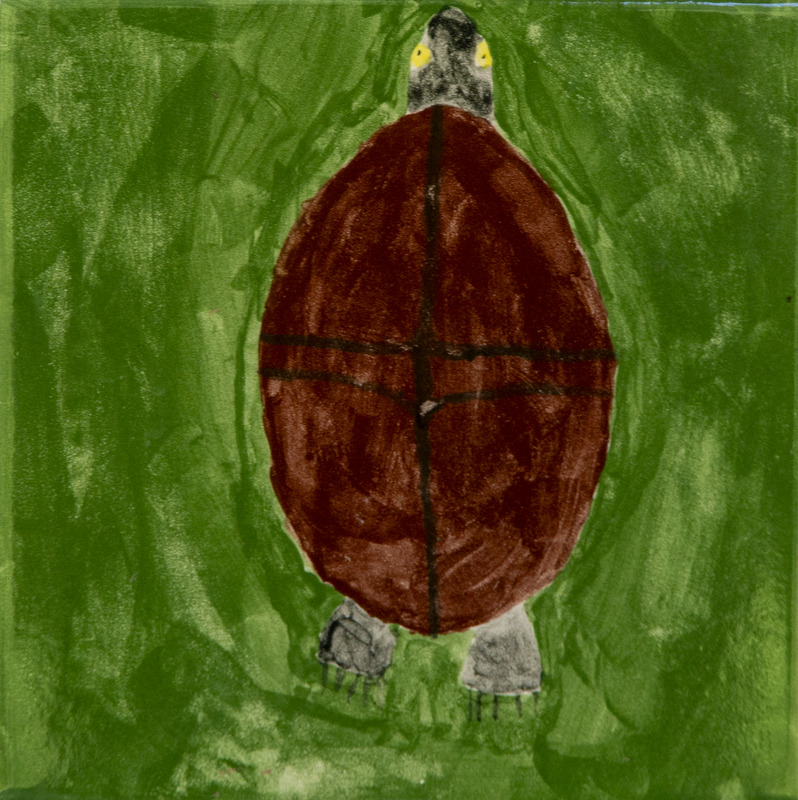Painting of a turtle with a brown shell and gray head and legs, shown against a green background.