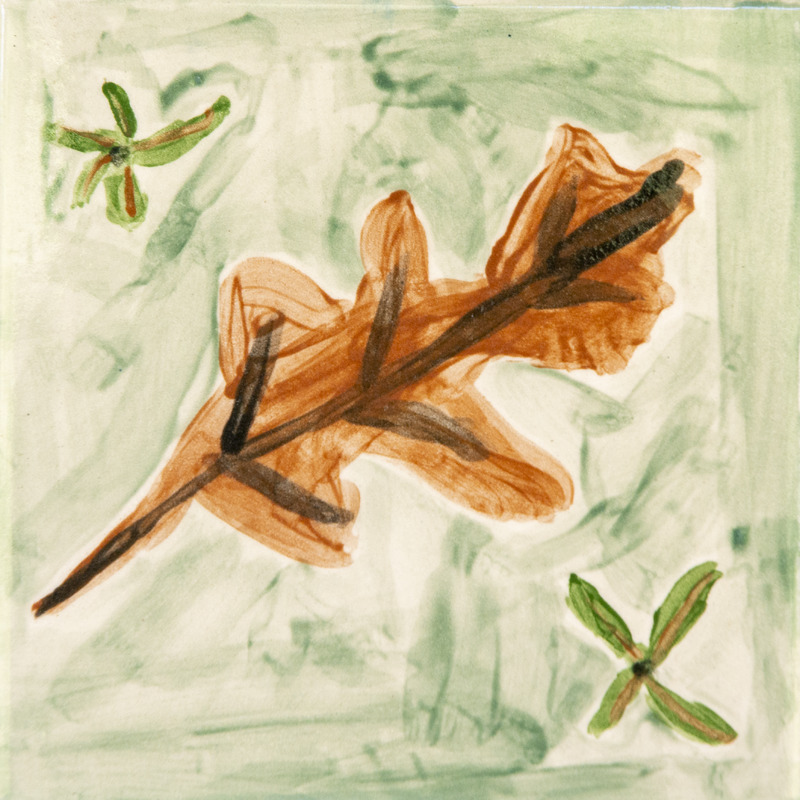 Painting of a brown oak leaf with small green leaves on the sides on a light green background.