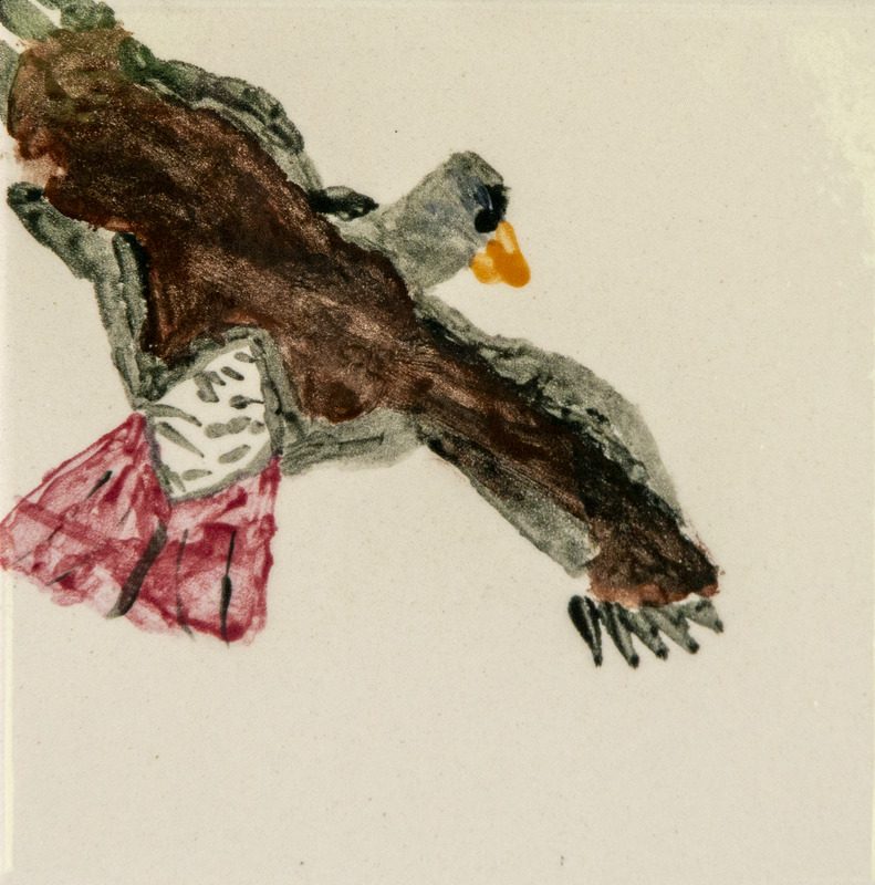 Painting of a red-tailed hawk in flight, with brown and gray wings, and a yellow beak.
