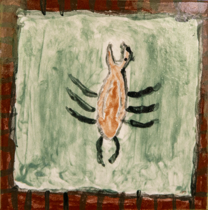 Painting of a predaceous diving beetle larva with an brown body and black legs on a light green background.