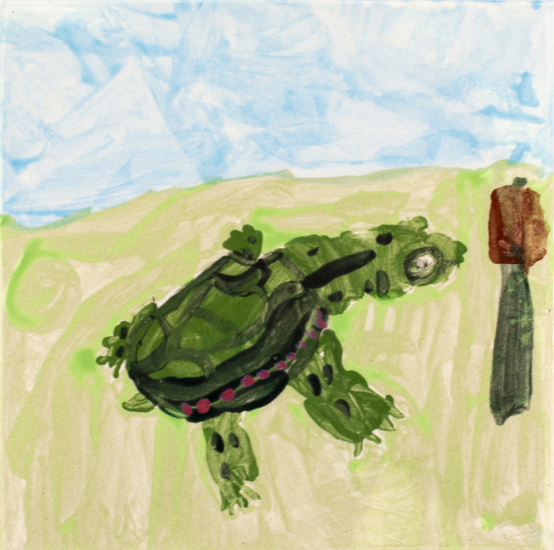 Painting of a green turtle in grass next to a brown and red plant in front of a blue sky background.