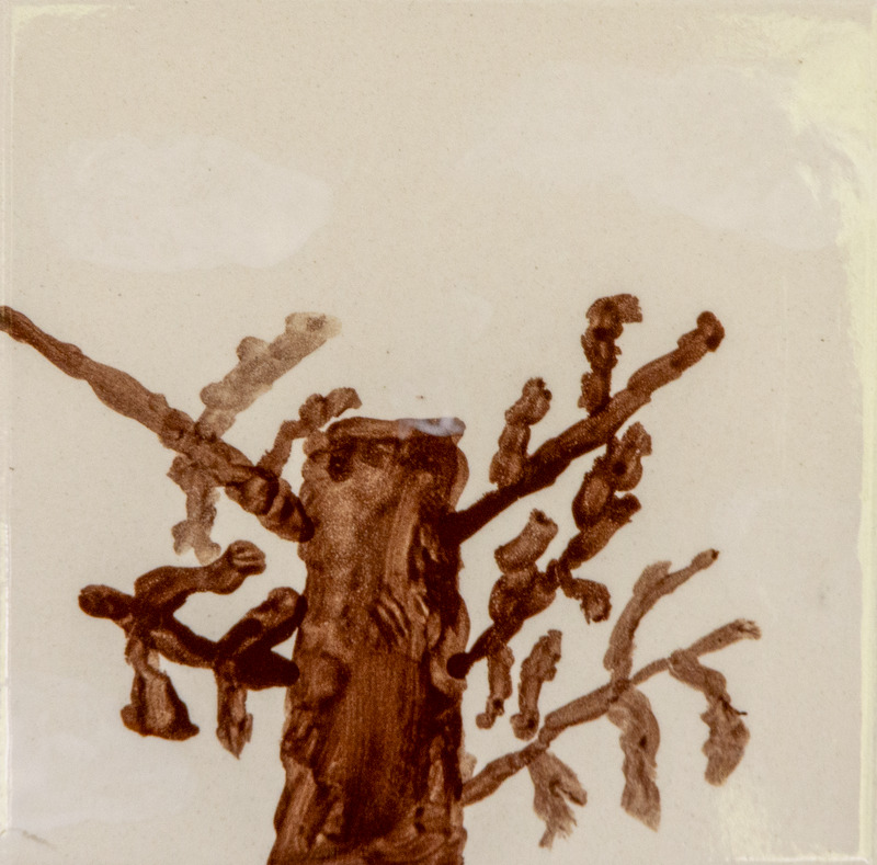 Painting of a brown tree with a thick trunk and many bare, twisting branches extending outward.