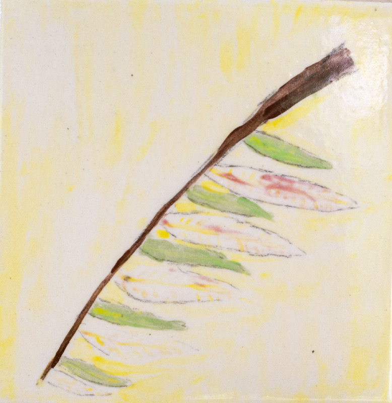 Painting of red and green compound leaf against yellow background.