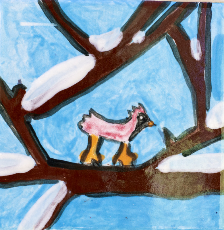 Painting of cardinal standing on snowy branch against blue background.