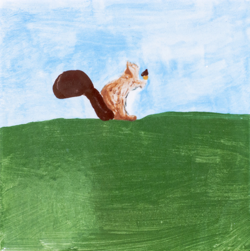 Painting of squirrel with acorn sitting in grass with blue sky.