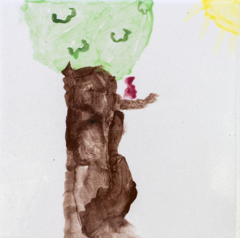 Painting of tree with sun in top right corner.