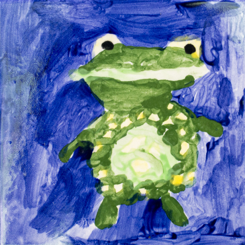 Painting of frog with yellow spots on its belly against dark blue background.