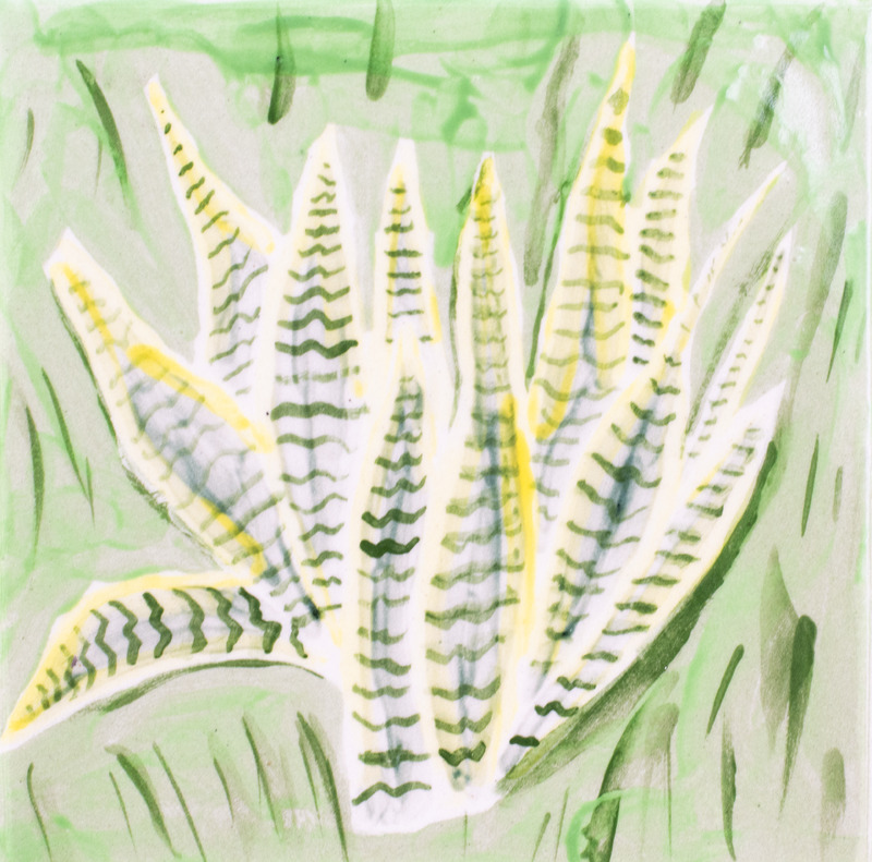 Painting of a yellow snake plant with a green background.