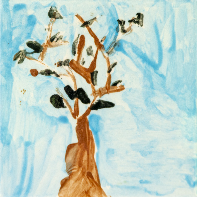 Painting of a tall brown tree with sparse dark leaves against a light blue sky.