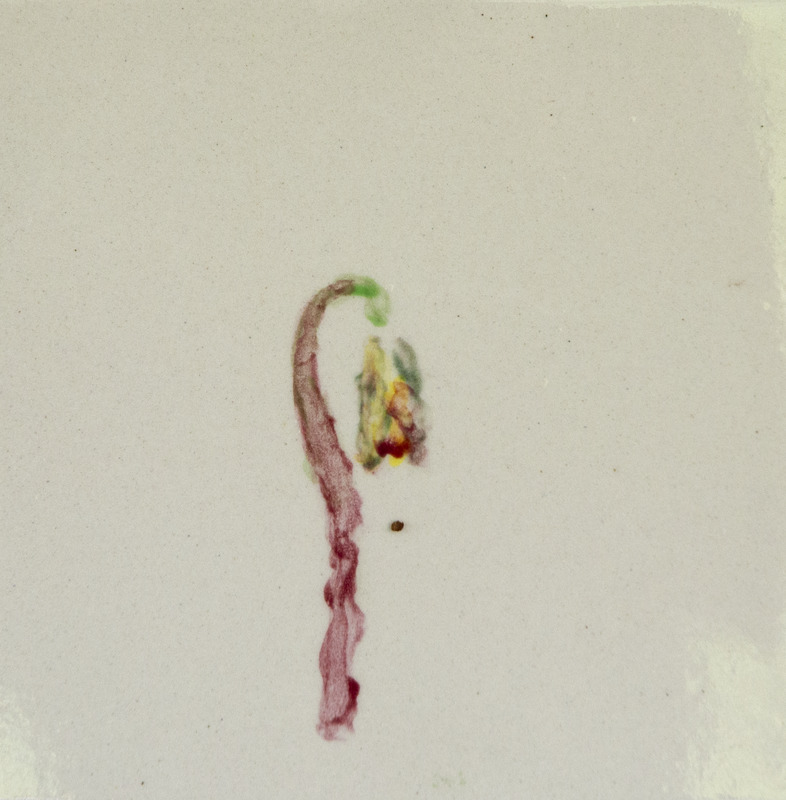 Painting of a small drooping flower with a thin reddish stem and a yellow-green bloom.