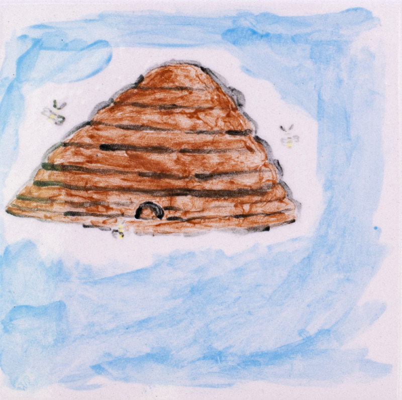 Painting of a brown beehive with layered ridges, small entrance hole, and tiny bees flying against a blue sky.