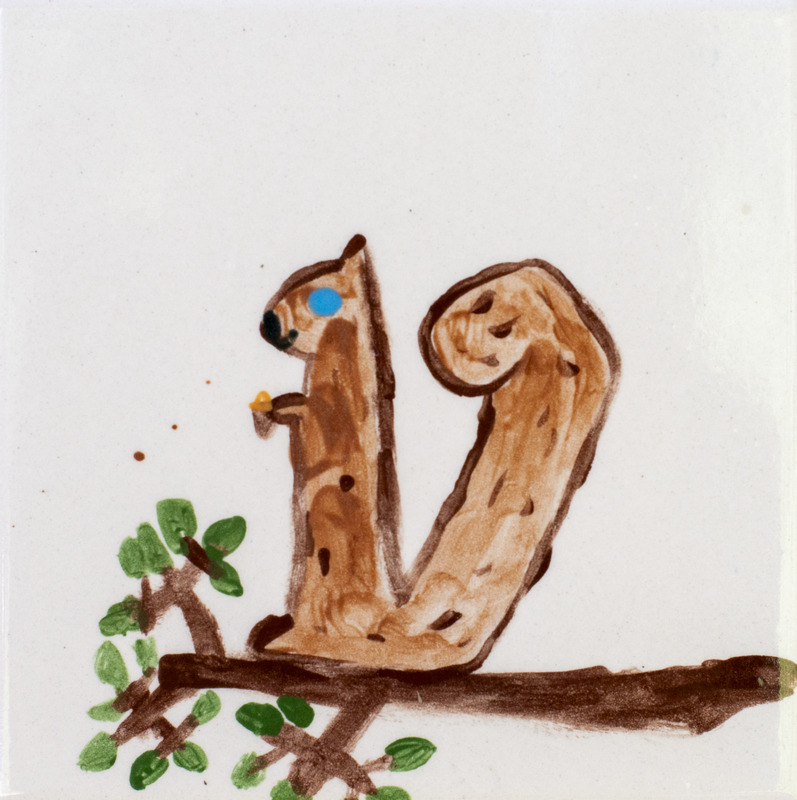 Painting of squirrel holding acorn sitting on branch against white background.