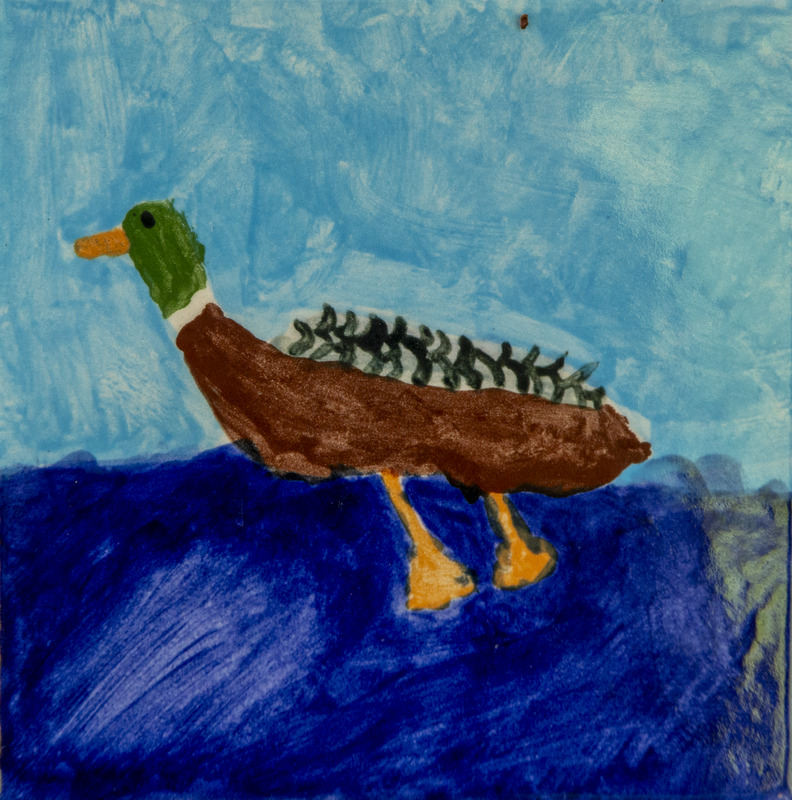 Painting of a mallard duck standing on blue water, with a green head, brown body, and yellow feet and beak against a light blue sky.