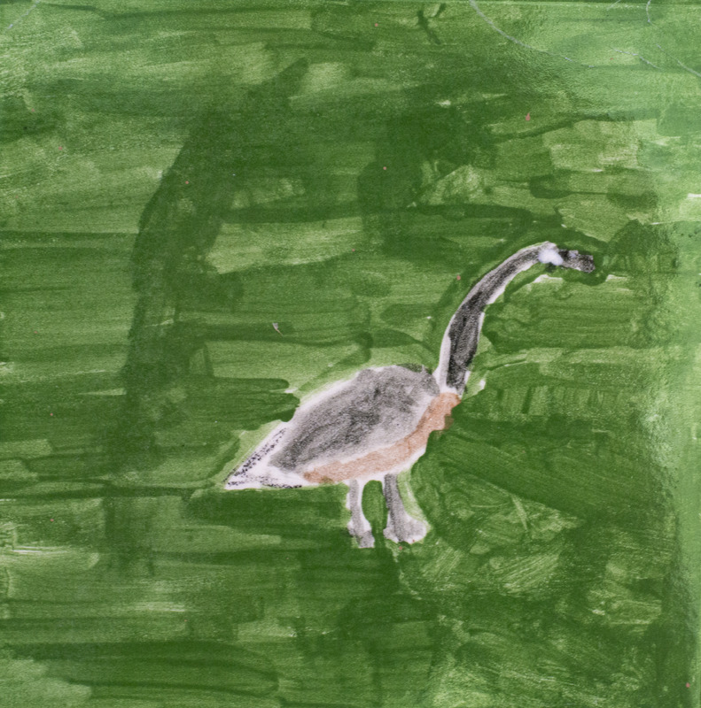 Painting of a Canada Goose with a green background.