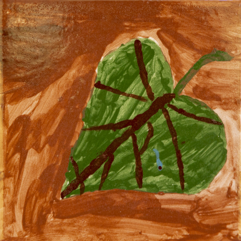 Painting of a green leaf with dark veins, set against a brown background.