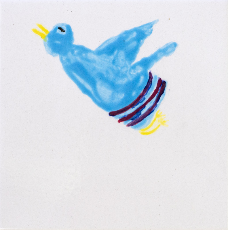 Painting of a blue bird flying against white background.