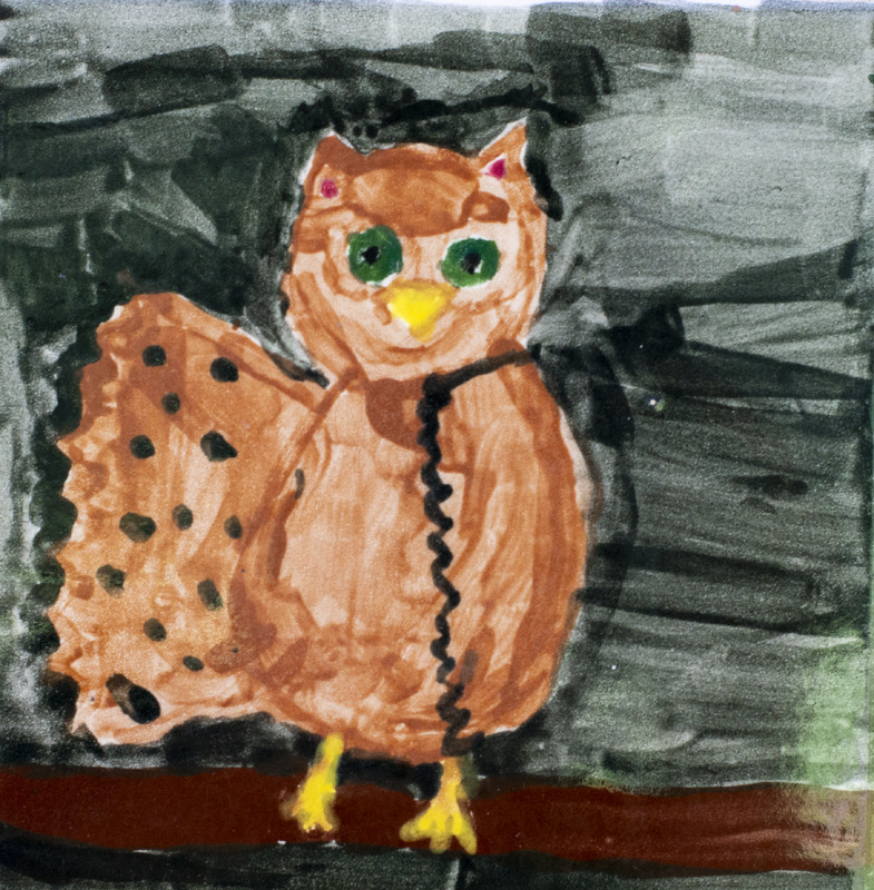Painting of owl with one wing extended out sitting on a branch with black background.