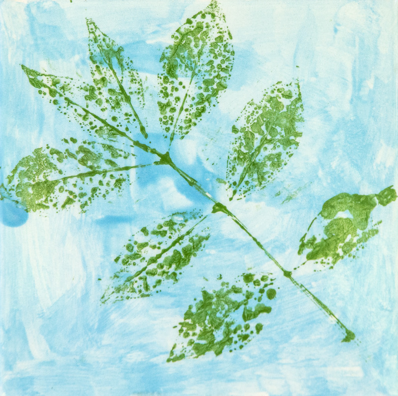 Painting of a green compound leaf print with multiple leaflets on a light blue background.