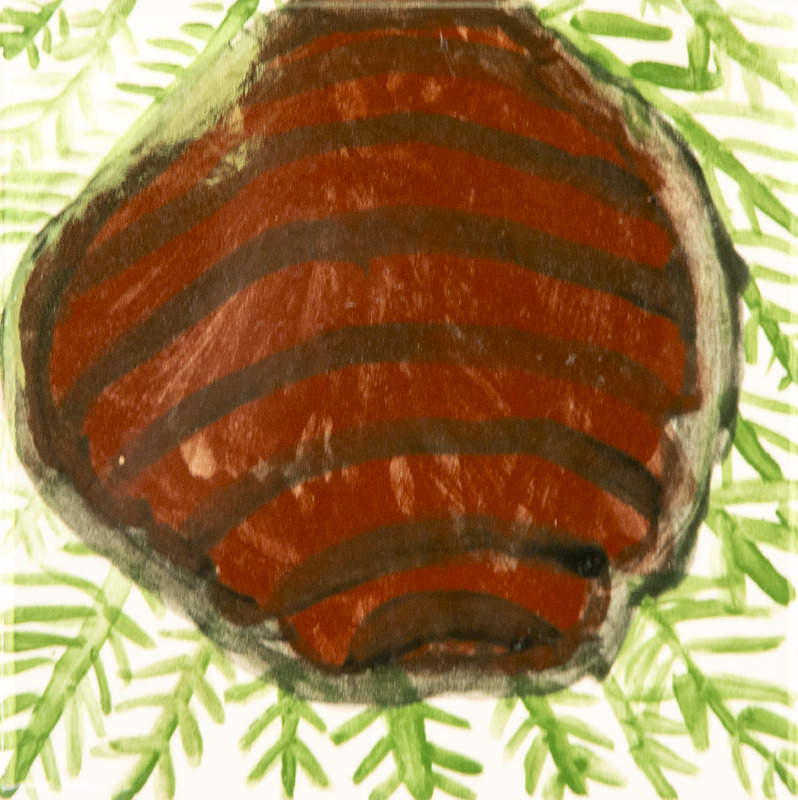 Painting of a large brown beehive with dark horizontal stripes hanging among green leafy branches
