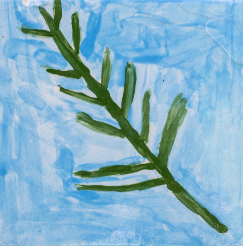 Painting of an evergreen branch with short green needles extending from a central stem, set against a light blue background.
