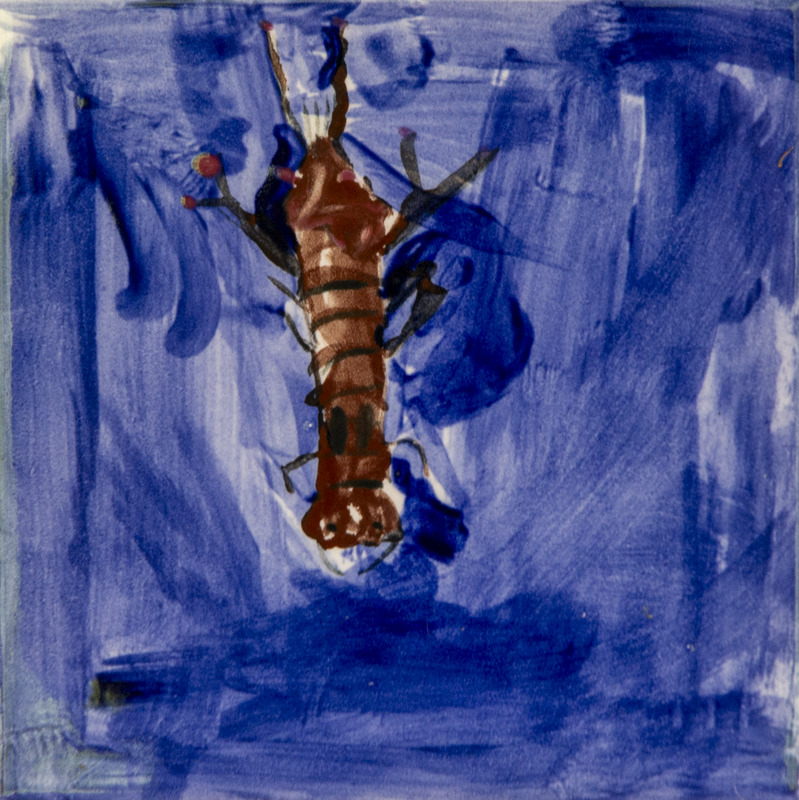 Painting of a brown water bug seen from above against a blue, watery background.