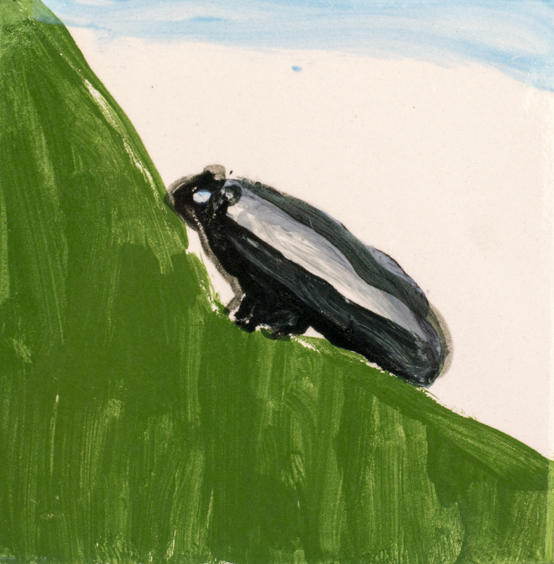 Painting of a black skunk with a white stripe moving up a green hill.