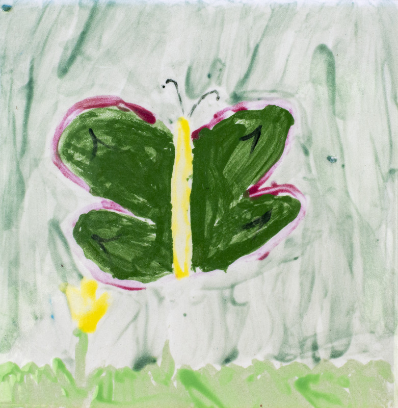 Painting of green butterfly above yellow flower.