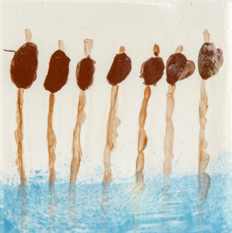 Painting of seven brown cattails with long tan stems standing above blue water.