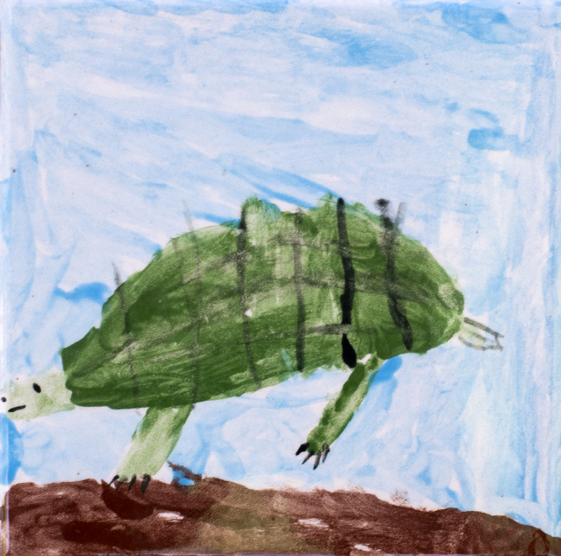 Painting of a green turtle with a striped shell and small legs, walking on brown ground against a light blue background.