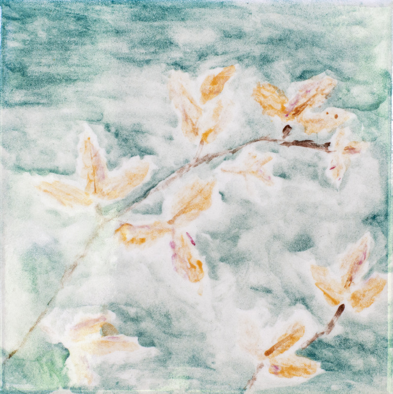 Painting of brown vines with leaves against blue background.