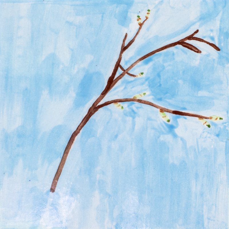 Painting of a brown twig with yellow buds on the end of each branch. The twig is in front of a blue background.