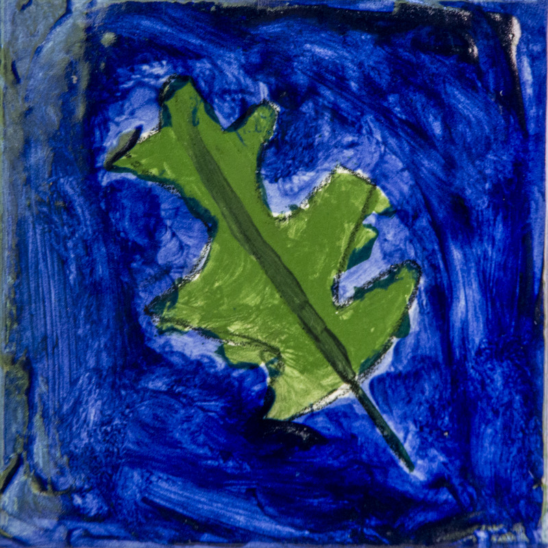 Painting of green oak leaf against dark blue background.