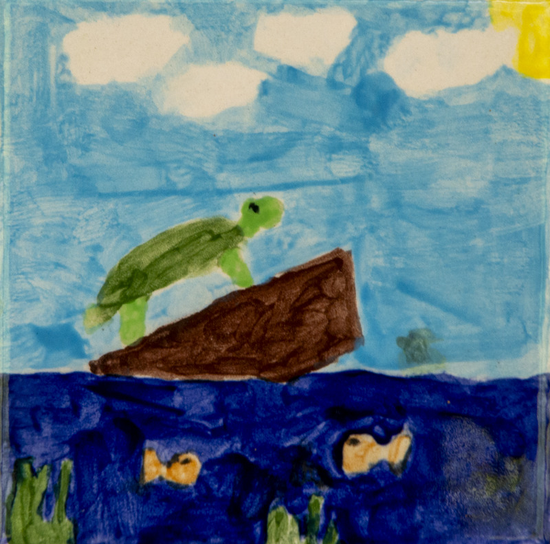 Painting of a green turtle standing on a brown log floating on dark blue water, with small fish swimming below the surface. The background shows a light blue sky with white clouds and a yellow sun in the corner.