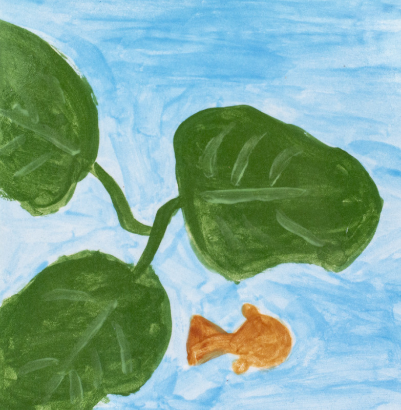 Painting of an orange fish swimming past a green, leafy plant.