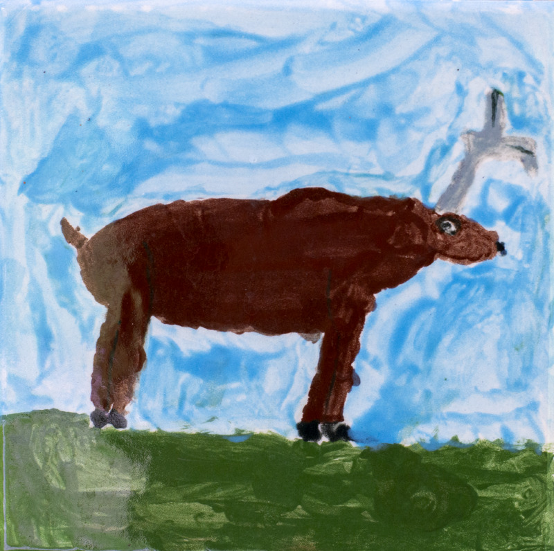 Painting of a brown deer with antlers standing on green grass under a blue sky.