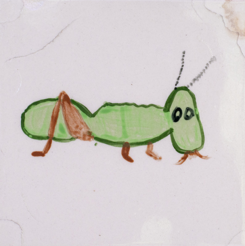 Painting of a green grasshopper.