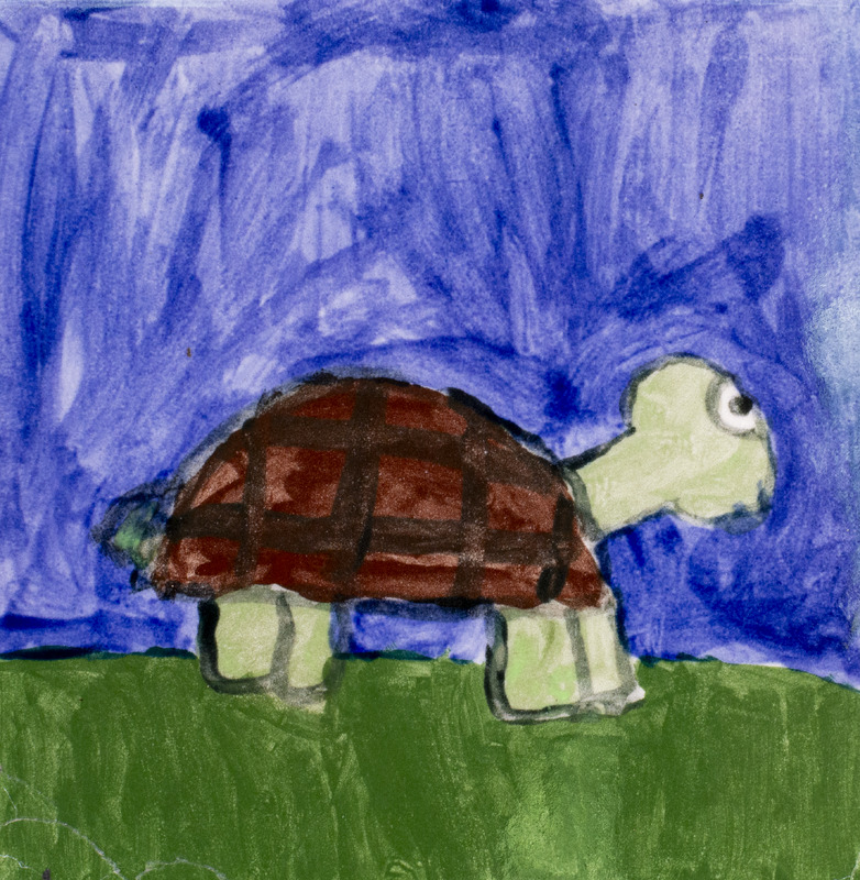 Painting of a turtle walking on grass with a blue background.